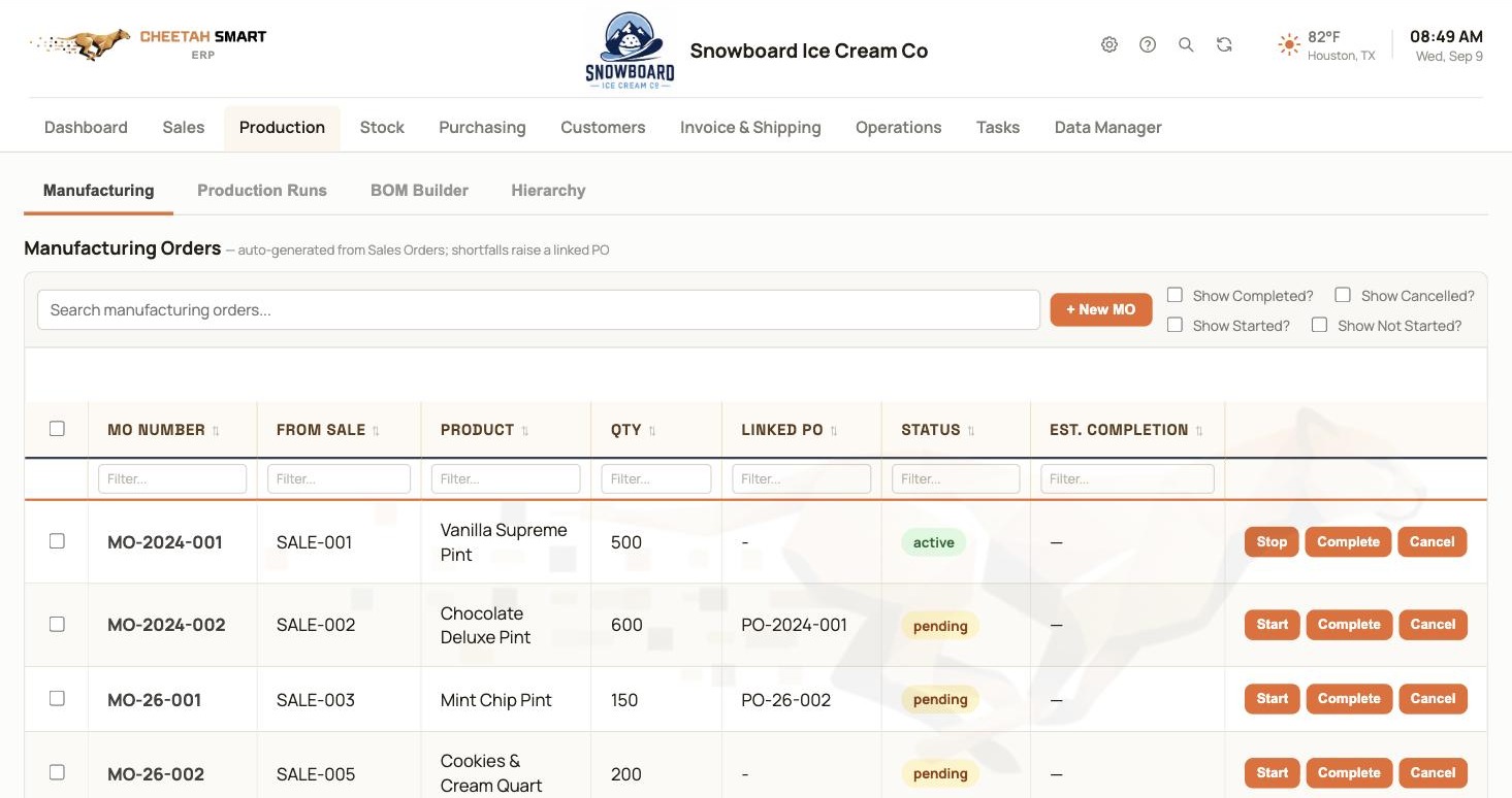 Manufacturing Orders screen