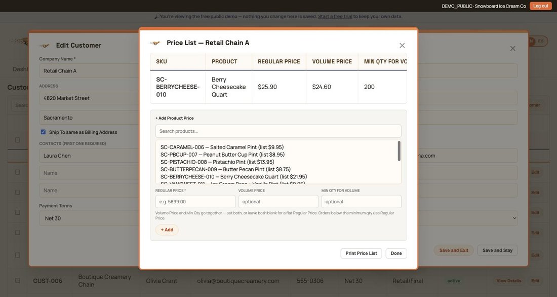 Cheetah Smart Price List for a customer, showing Regular price, Volume price, and the minimum quantity that unlocks it
