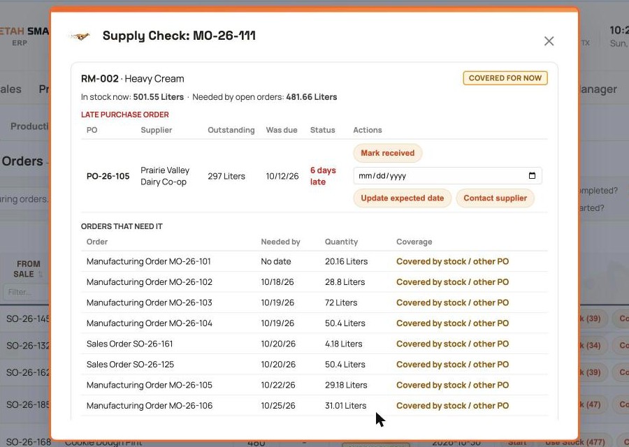 Panel Supply Check de Cheetah Smart con una orden de compra atrasada y los pedidos que afecta